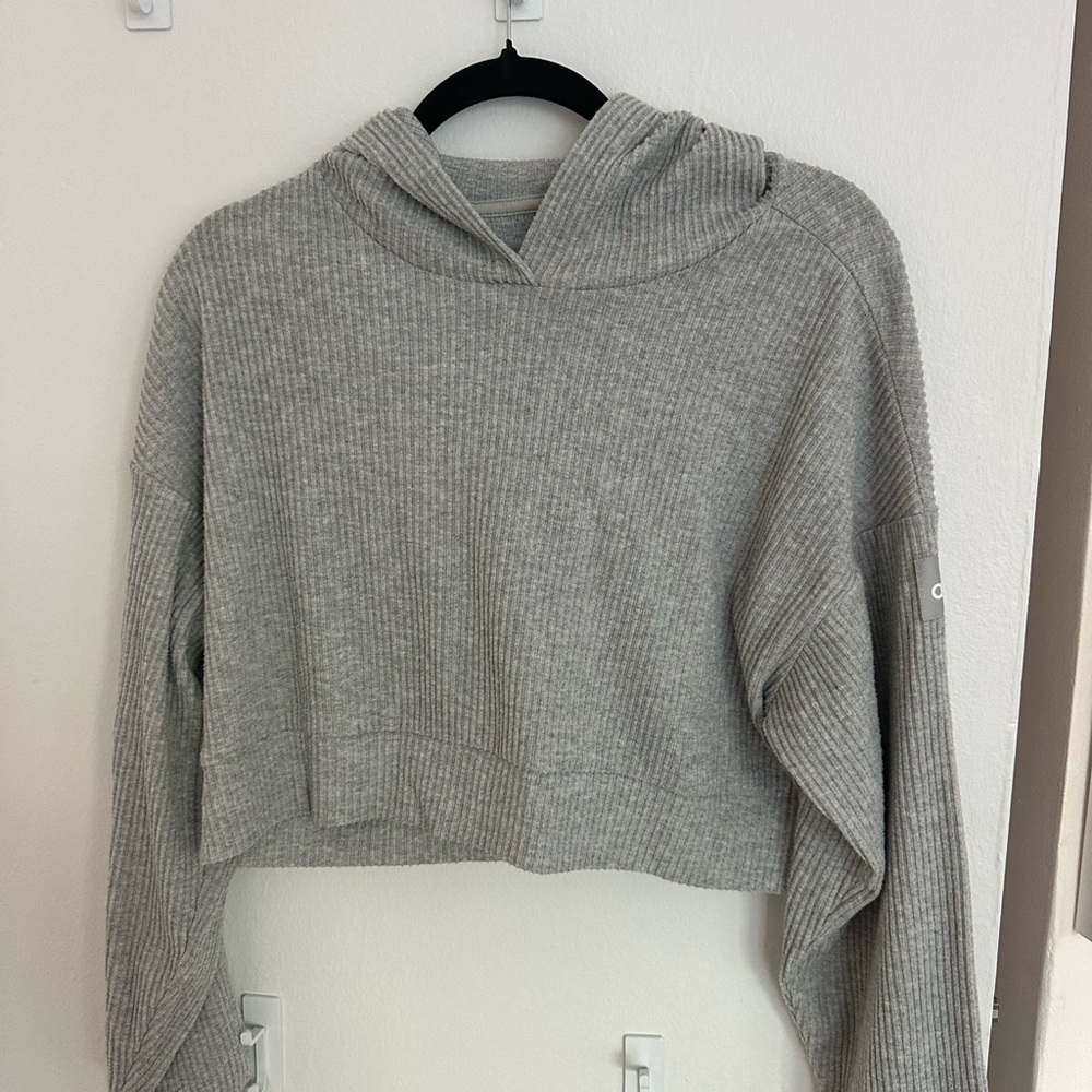 Gray Ribbed Cropped Sweatshirt and Sweatpants Matching Set